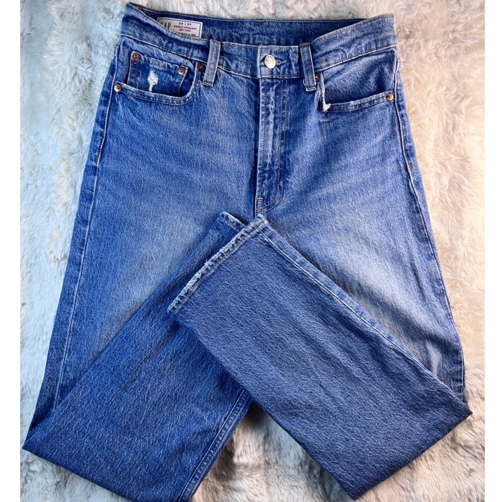 Gap Cheeky Straight Sky High Jeans 28 6R Medium Wash Distressed Ripped Knee A25